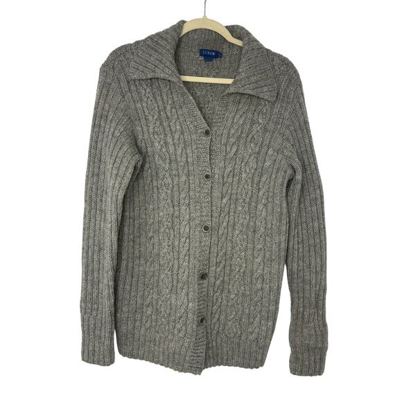 Vintage J.Crew 100% Wool Cable Knit Collared Cardigan Sweater Gray Women L - Picture 1 of 7